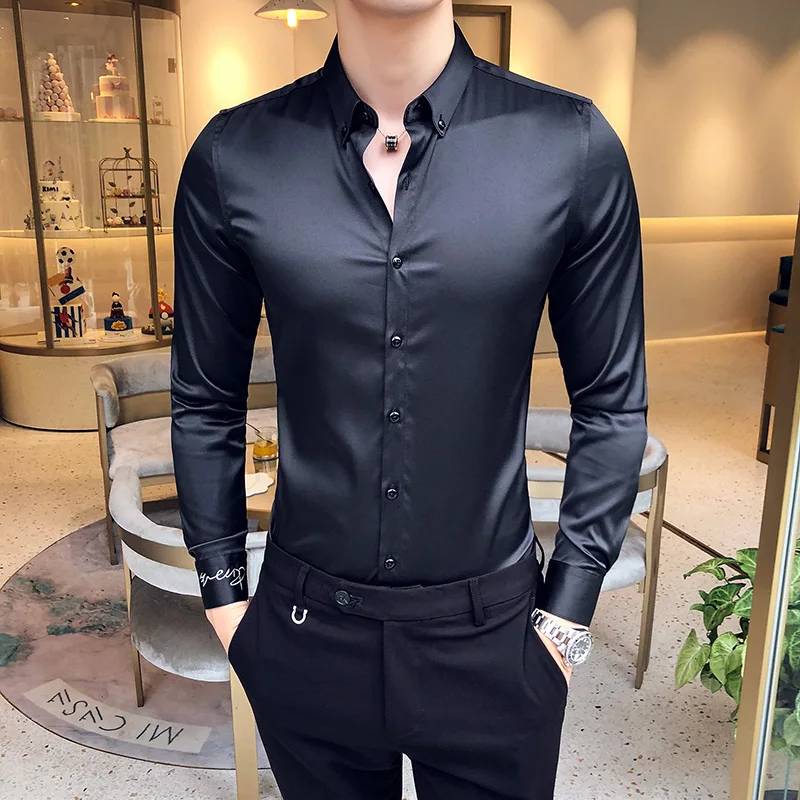 Men's Shirt Neckline Embroidery Long Sleeve Casual Slim Men's Dress Shirt Solid Color Formal Business Social Clothing Top long sleeve shirt