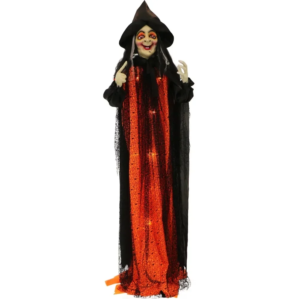 

5.42-ft. Standing Witch, Halloween Decoration Indoor/Covered Outdoor, LED Red Eyes, Poseable, Scarlet