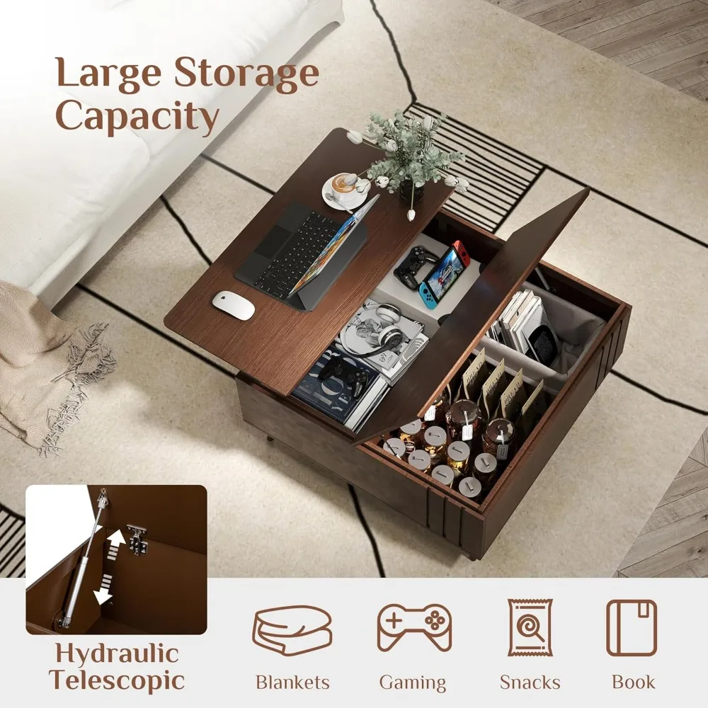 Lift Top Coffee Table with Storage, Mid Century Modern Square Center Table with Hidden Compartment & Storage Shelf for Living Ro 4
