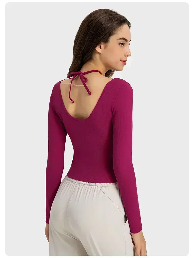 Lemon Women Halter Neck Long Sleeve Yoga Shirt Ribbed Fabric Stretch Halter Neck U-shaped Back Fitness Sport T-shirt Fitness Top