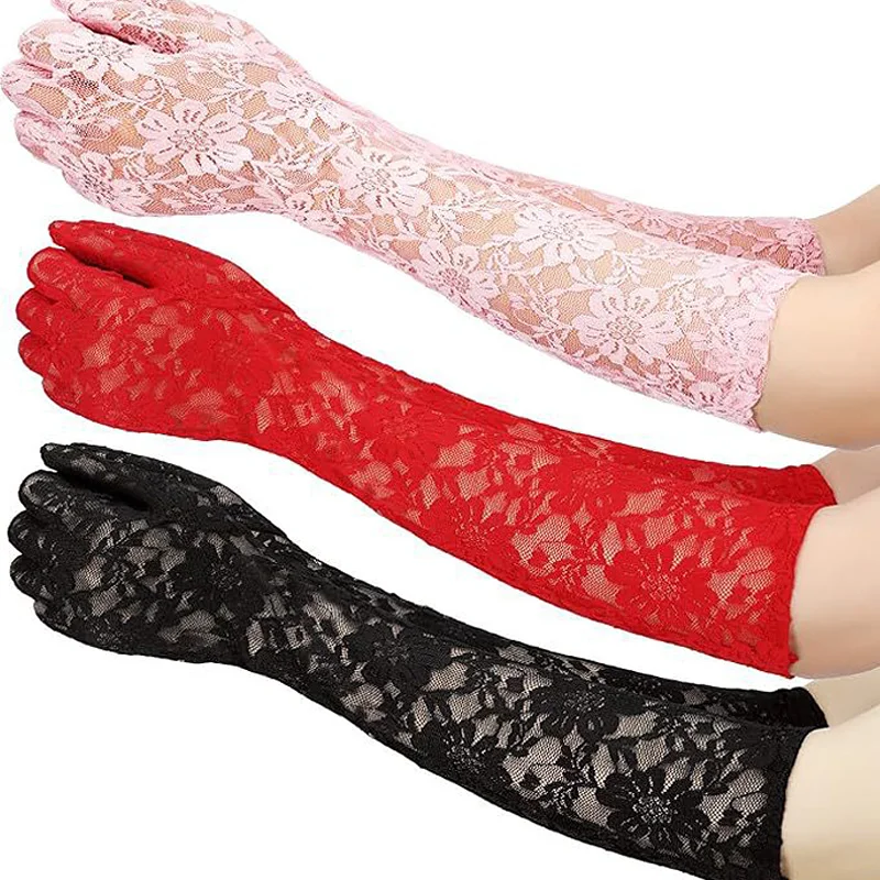 1 Pair Breathable Long Gloves Flower Lace Wedding Solid Color Banquet Thin Elegant Stylish Sexy