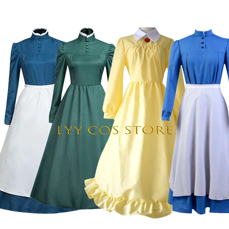 

4 Colors Sophie Maid Dress Anime Howl's Moving Castle Hatter Cosplay Women Long Yellow Green Blue Outfit Halloween Role Play Cos