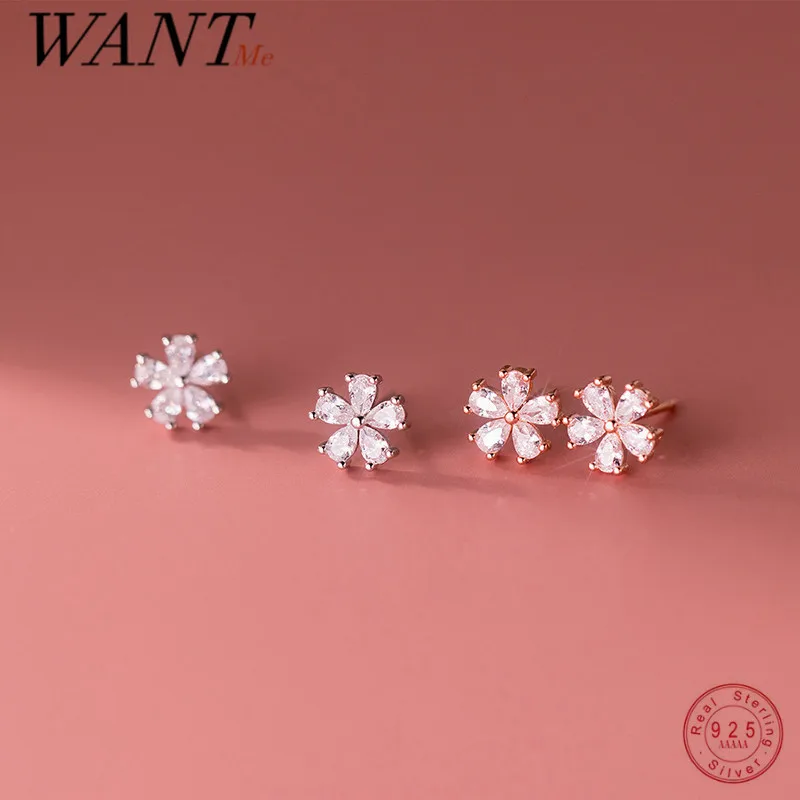 

WANTME 925 Sterling Silver Luxury Crystal Zircon Romantic Flower Stud Earrings for Women Chic Teen Party Wedding Korean Jewelry