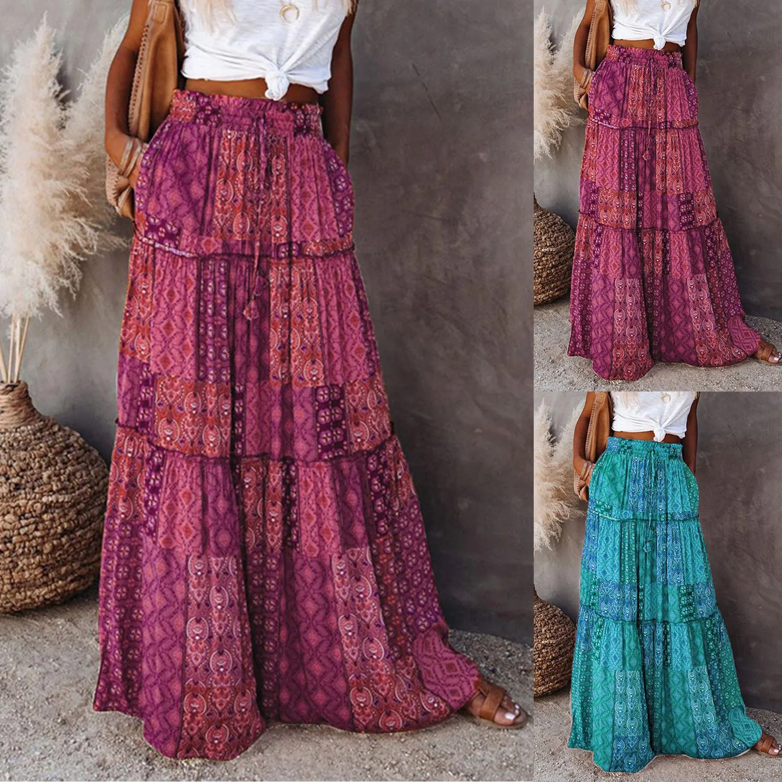 

Bohemian Skirt European And American Loose Fitting Casual High Waisted Long Skirts Printed Pleats Ethnic Pastoral Style Wearing