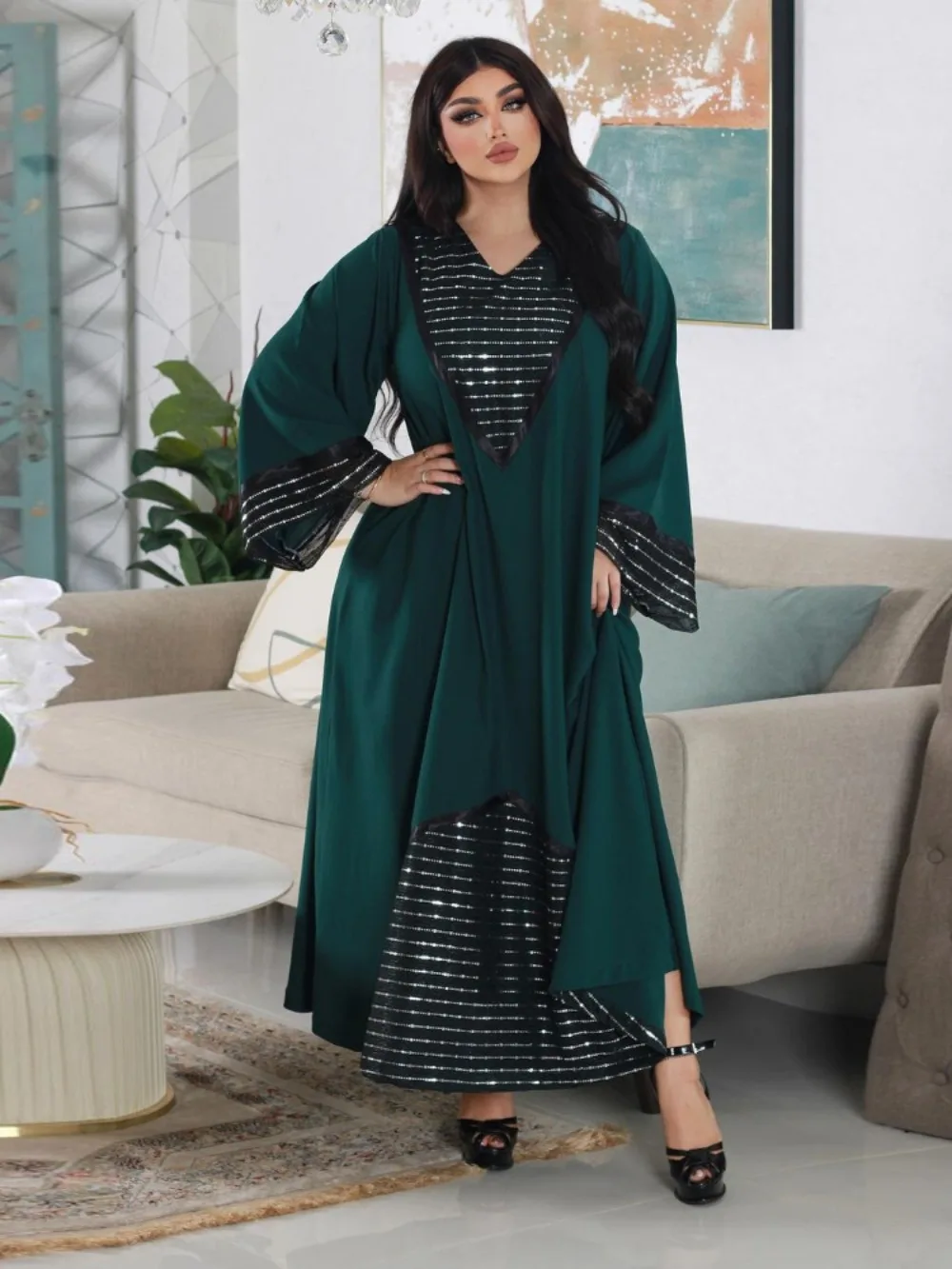 

ИД мусульманское длинное платье с блестками, Женская абайя, блестящее женское платье с V-образным вырезом, платье, марокканский кафтан, Рамадан, абайя, кафтан, Jalabiya, осень