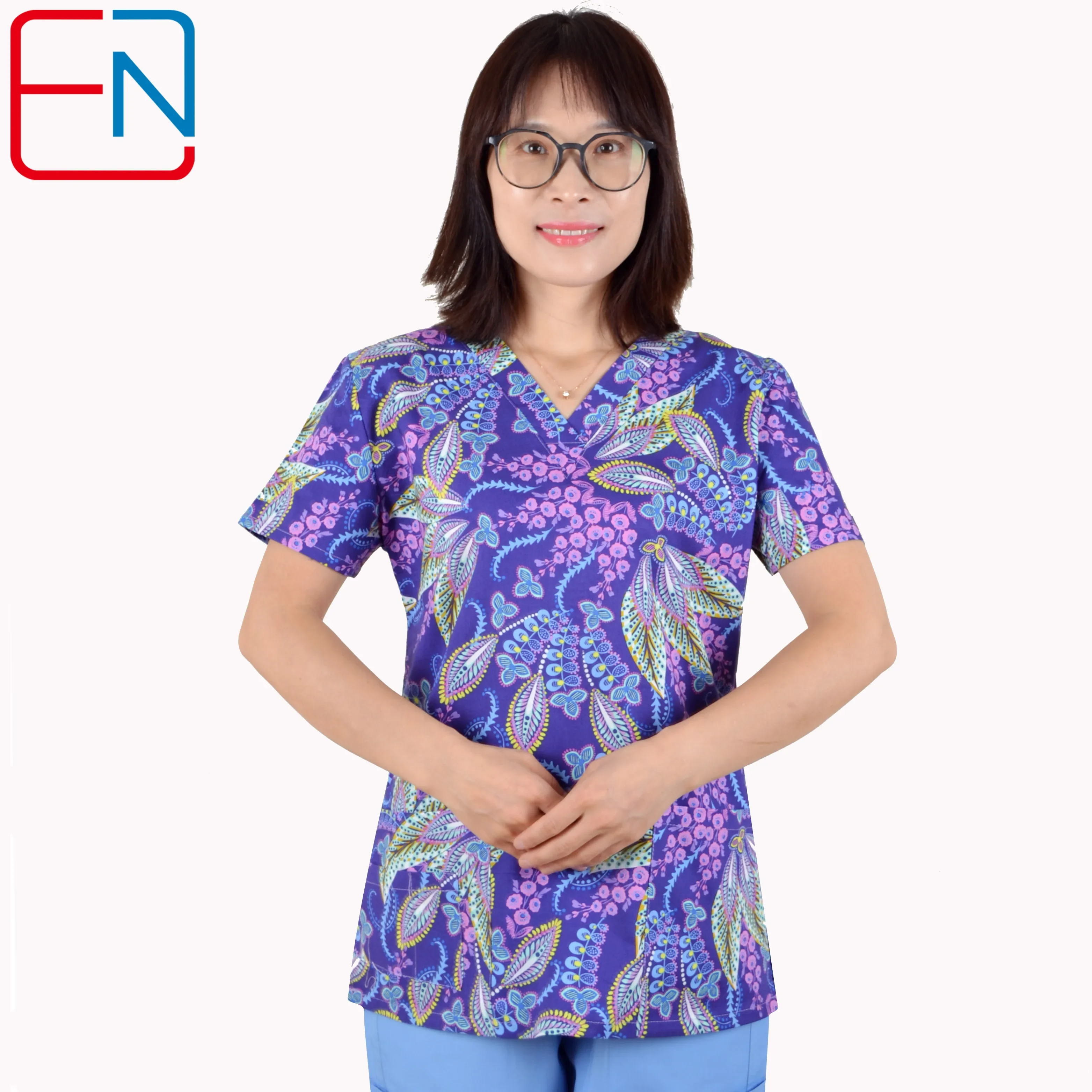 Brand scrub uniform tops for women in 100% print cotton 4 pockets,XXS-5XL