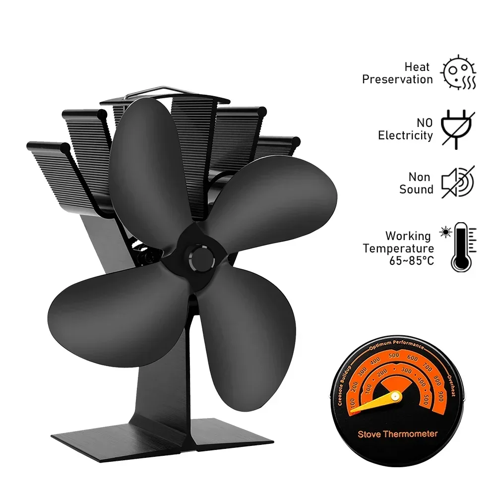 4 Blade Heat Powered Stove Fan Black Fireplace Fan komin Log Wood Burner Eco Friendly Quiet Home Efficient Heat Distribution