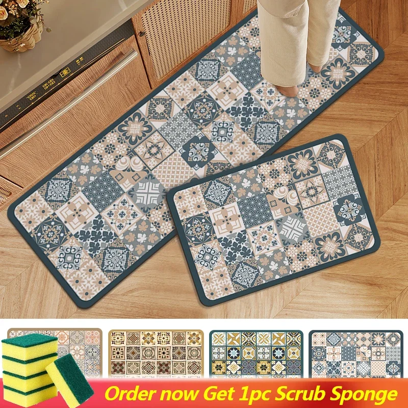 RetroKitchenFloorMatNonslipPrintedLongCarpetAbsorbentKitchen