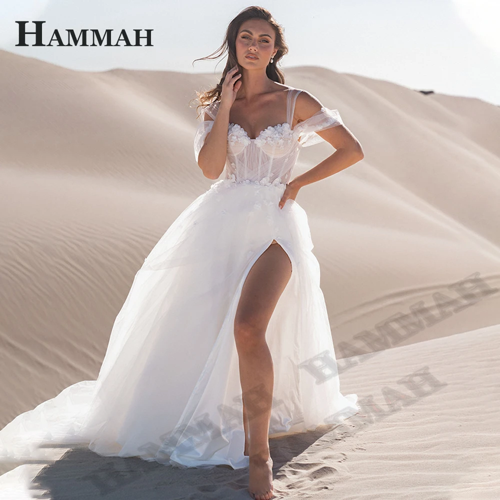 

HAMMAH Attractive 3D Appliques Wedding Dresses Sweetheart Off The Shoulder High Slit Tulle Pleat Robe De Mariee Custom Made
