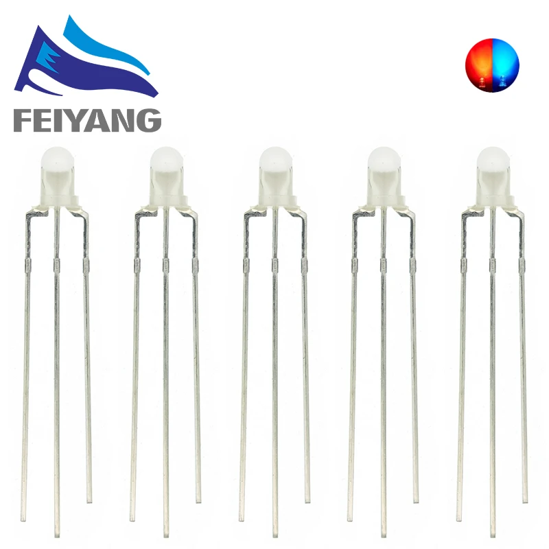 50 Stück 3 mm runde klare/Fog-LED-Bicolor-Lampe F3, gemeinsame Anode/Kathode, LED, 3 Pins, Leuchtdiode, Rot, Gelb, Blau und Grün – Detail 3