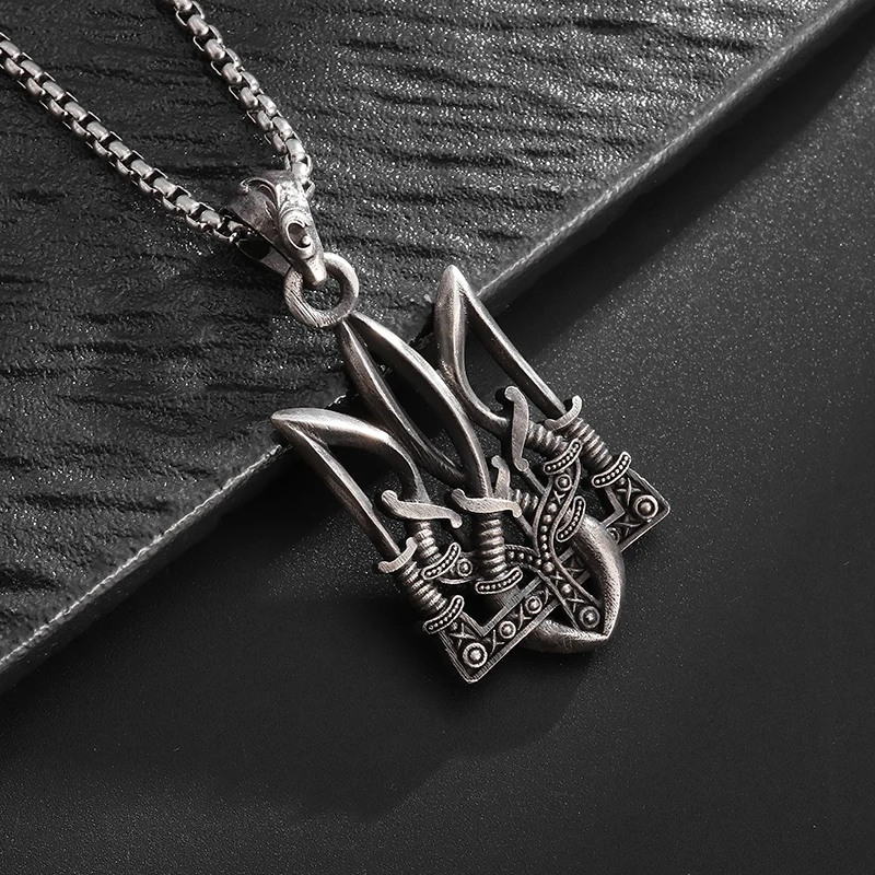 Retro Gothic Neptune Poseidon Trident Pendant Necklace Ukraine National Emblem Men's Amulet Good Luck Fashion Jewelry