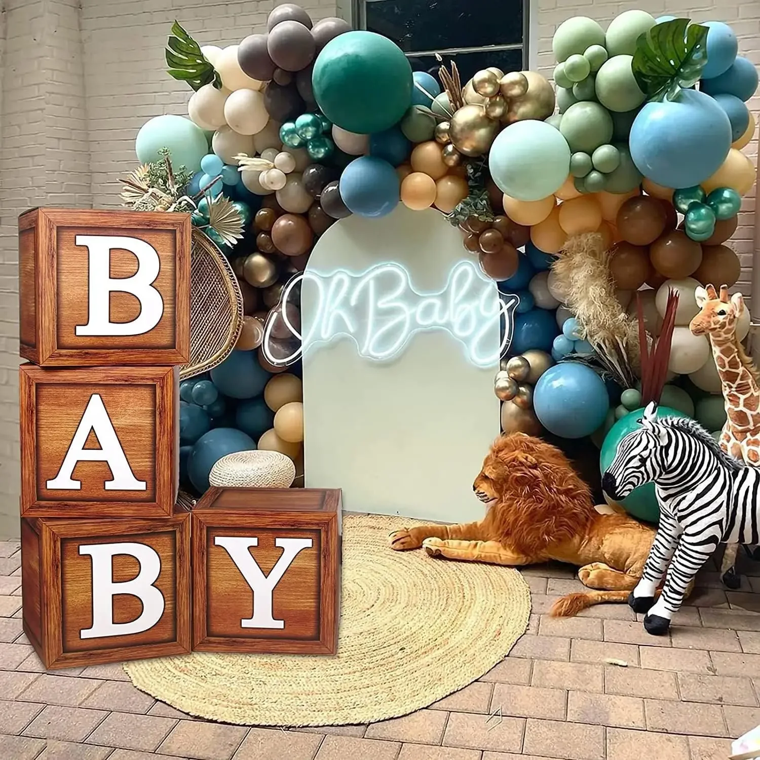 

4pcs Wood Baby Shower Decorations Baby Boxes with Letters Brown Blocks for Woodland Gender Reveal Baby Shower Party Decorations