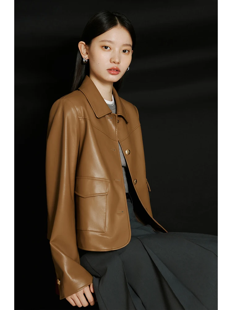 

ZIQIAO Maillard Retro Short Leather Jacket for Women 2024 Spring Autumn New Style Fashionable High-end Short Jacket Female