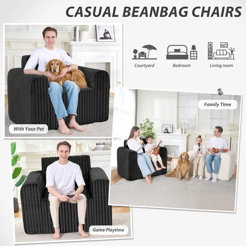 Large Bean Bag Chair for Adults, Non-Slip Floor Sofa with High Backrest & Wide Armrests, Sponge Filled for Living Room Bedroom