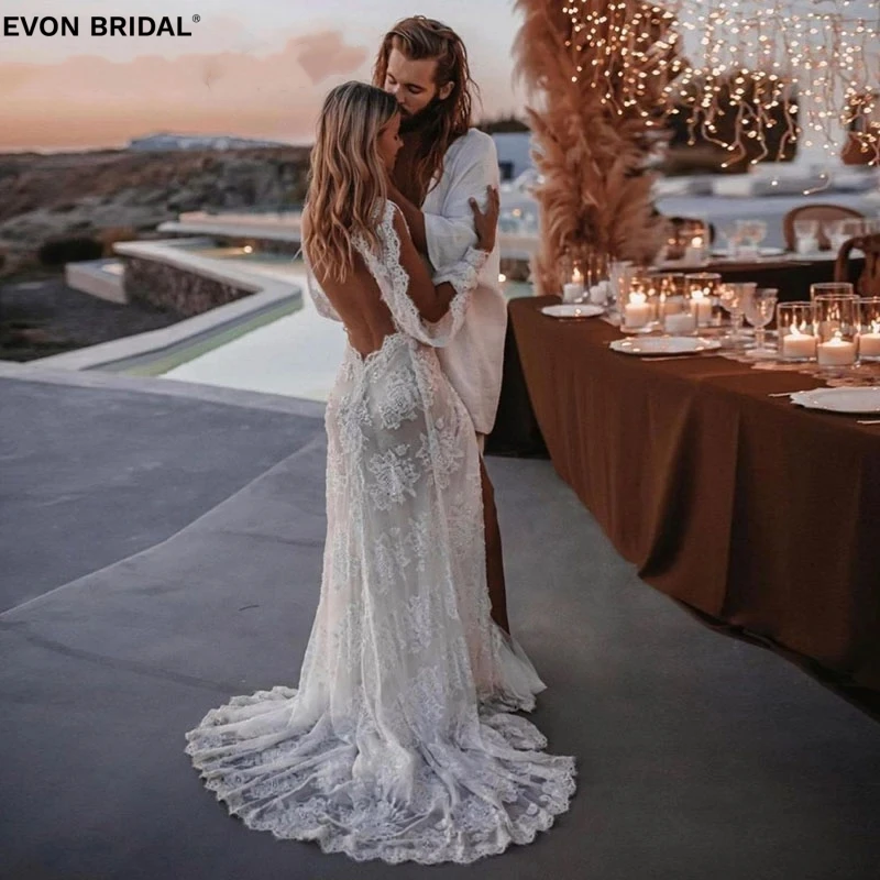 

EVON BRIDAL Simple V Neck Mermaid Lace Applique Wedding Dresses for Women 2024 Long Sleeves Sexy Sweep Train vestidos de novia