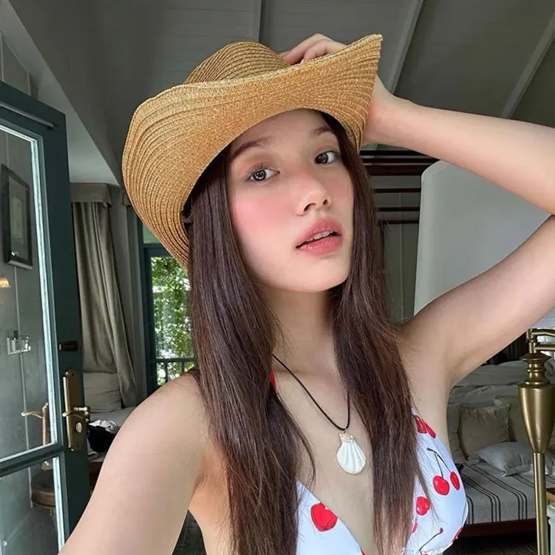 Straw Cowboy Hats Western Cowgirl Hat for Summer Holiday Woven Beach Sun Hat with Wide Brim Shapeable Cowboy for Women Men
