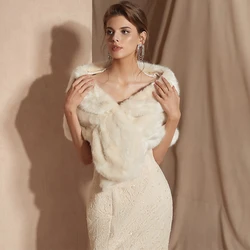 Elegant Navy Blue Faux Fur Wedding Bolero Shrug - Winter Bridal Shawl and Party Wrap - One Size (Beige with Collar)