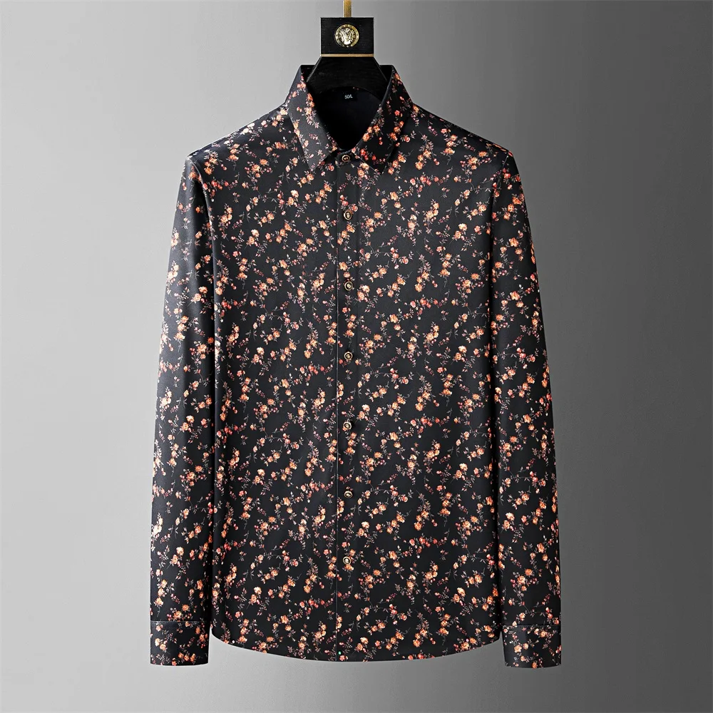 2024 Spring Vintage Floral Shirts Men Fashion Long Sleeved Casual Shirts Traceless Business Social Office Formal Dress Shirts