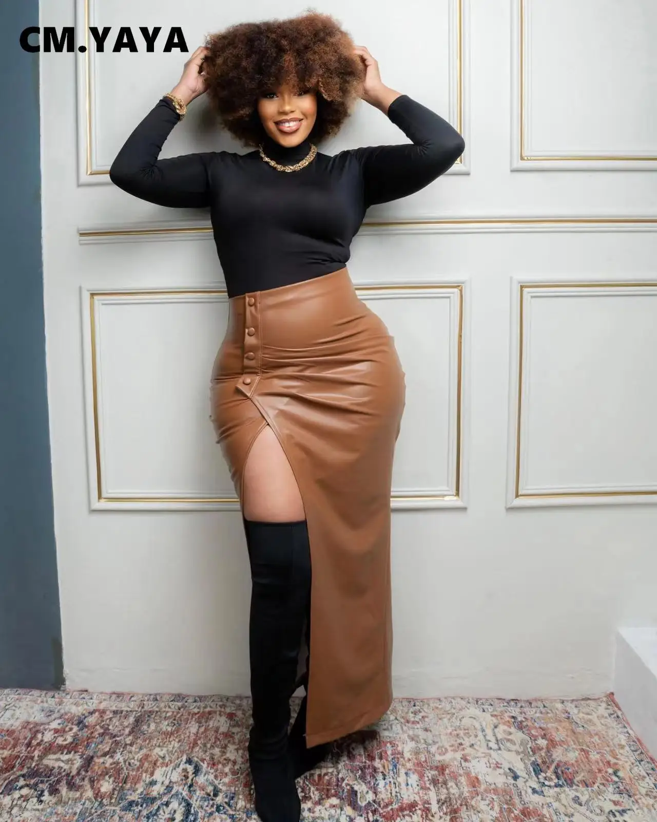 CM.YAYA Elegant High Side Split Faux Leather Women Button