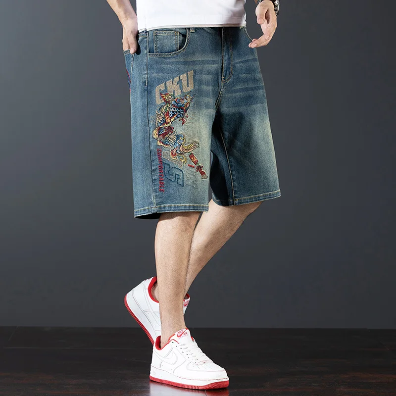 Summer Embroidered Split Denim Shorts Men's Loose Straight Mid pants Thin style Embroidered Cowboy Shorts Plus Size 42 44