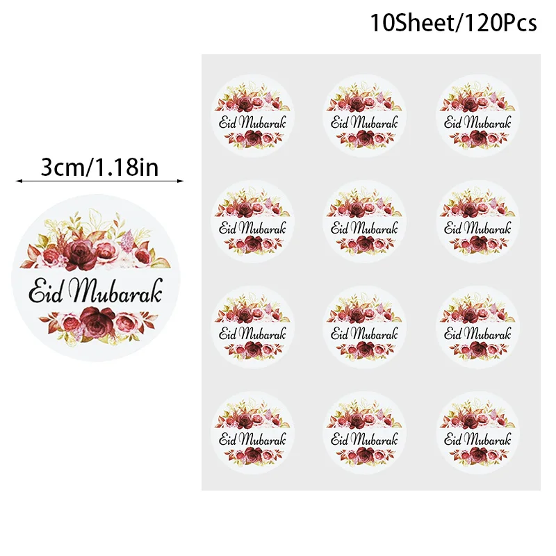Eid Mubarak Stickers, Pack of 120 Ramadan Stickers, 40 mm Self-Adhesive Eid Stickers for Muslim Gifts, Party Bags, Cards, Sealing Envelopes (Flower