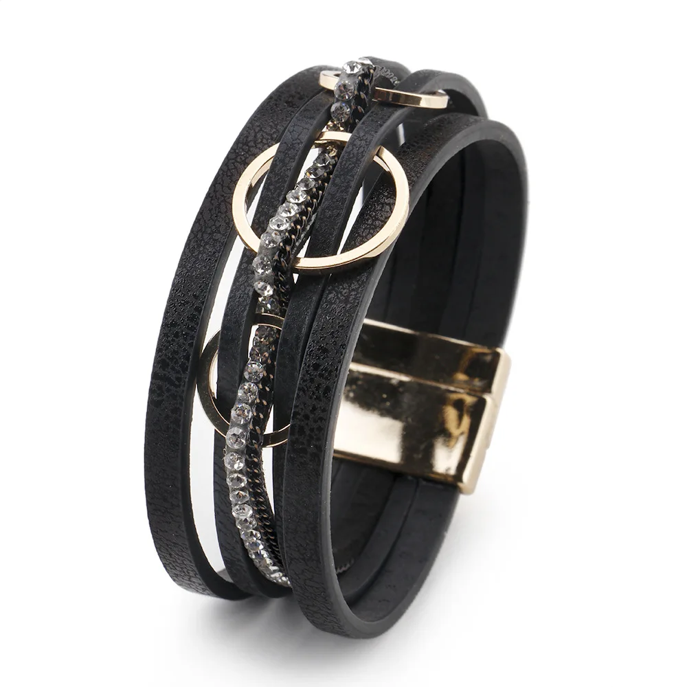 Bohemian Braided Leather Fashion Bracelet for Women Handmade Rhinestone Charm Wrap Bangle Jewelry