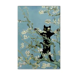 Whimsical Black Cat Starry Night Canvas Art - Abstract Aesthetic Home Decor - 50X70cm Unframed (Black)