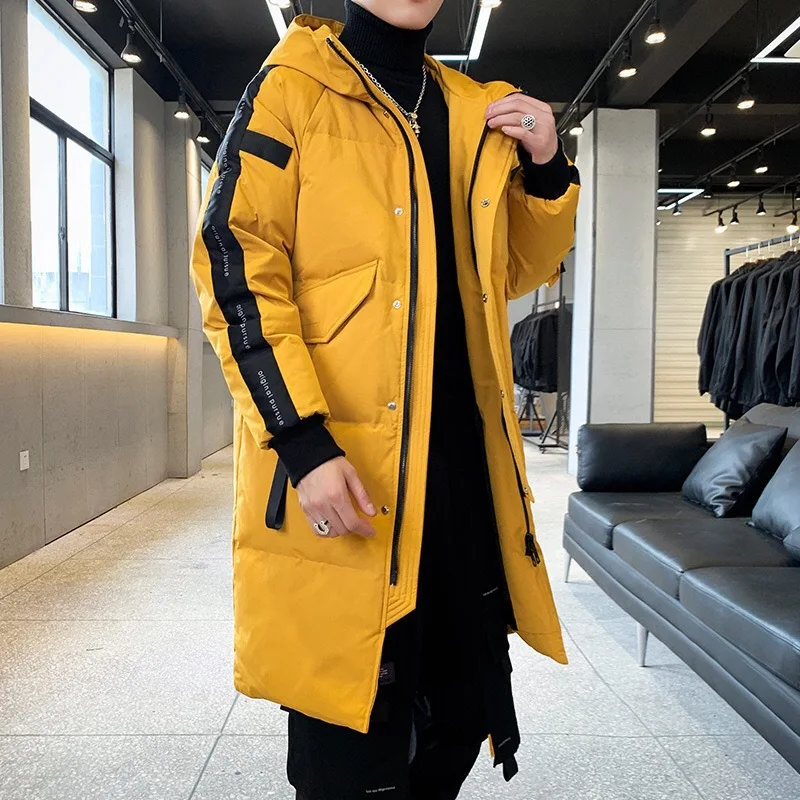 Down Coat Winter Men Korean Style White Duck Down Hooded Jacket Mid-long Stylish Outerwear Thick Warm Male Clothes