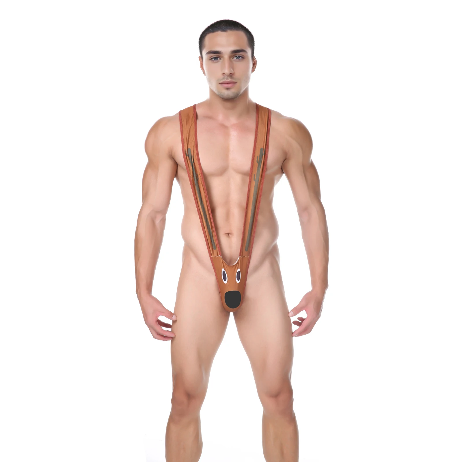 Men Mankini Sexy Thong One-Piece Underwear Man Cute Elk Bodysuit Erotic Lingerie G String Christmas Costume Panties