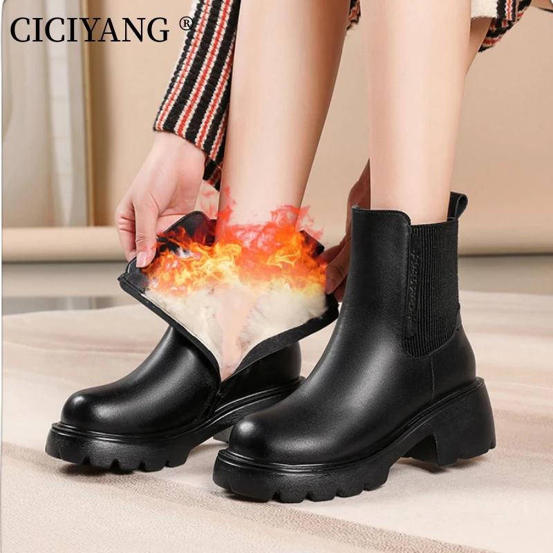 

CICIYANG Plus Size Women's Wool Boots 2024 Winter Genuine Leather Booties High Heels Ankle Boots for Ladies Platform Snow Boots