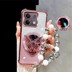 Elegant Mirror Shockproof Magnetic Phone Case with Butterfly Holder and Bracelet Cover - Honor X5d (Pink)