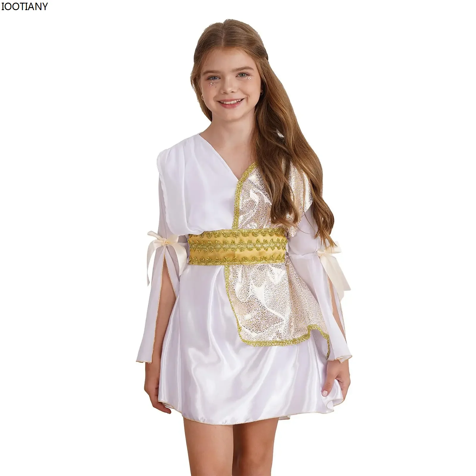 

Kid Girls Ancient Greek Goddess Cosplay Costume Halloween Athena Queen Outfit Carnival Party Long Flared Sleeve Stage Show Dress