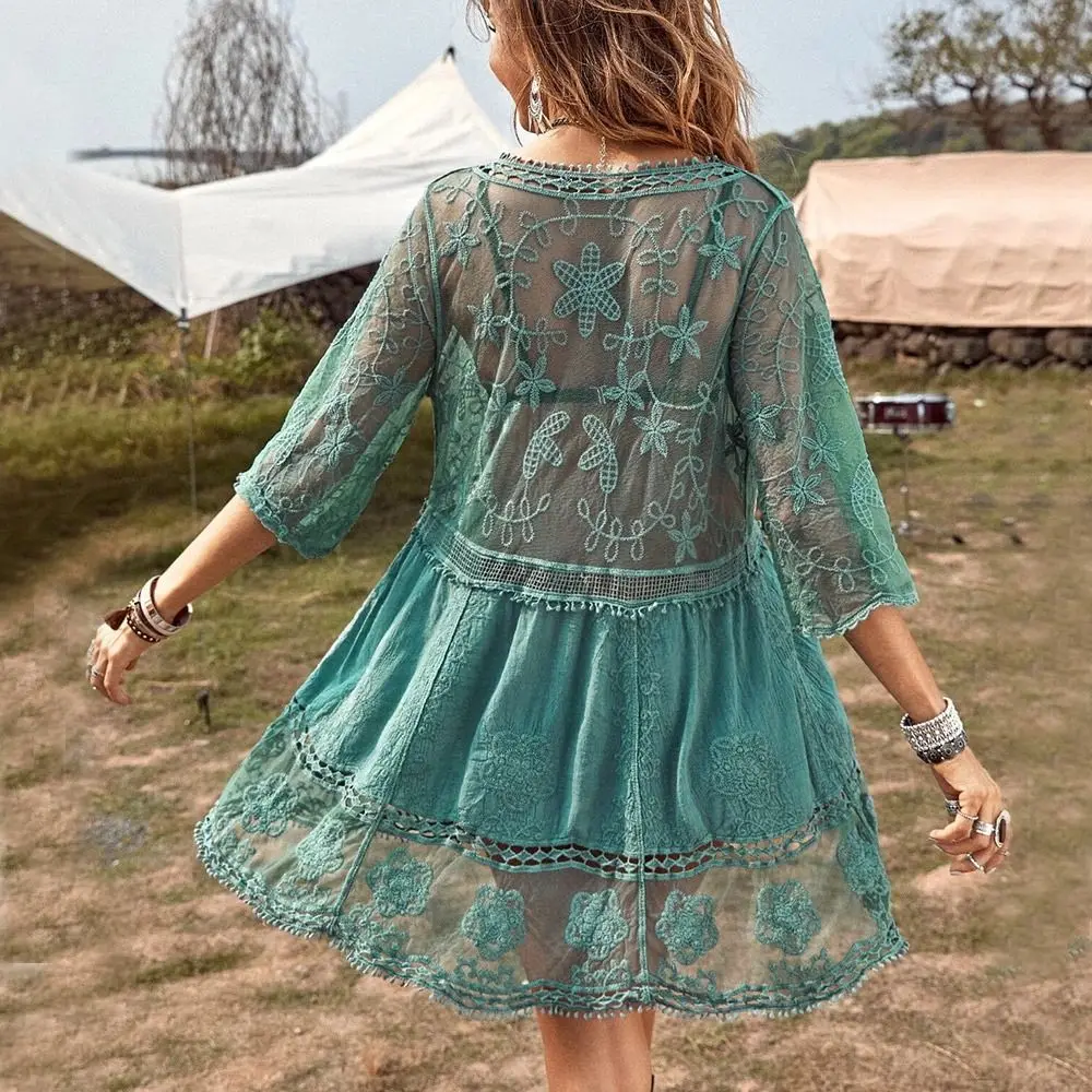 Fashion V Neck Summer Sunscreen Smock Loose Lace Swimsuit Cover Up Dress Bathing Suit Vacation Bikini Cover-Ups for Women 5