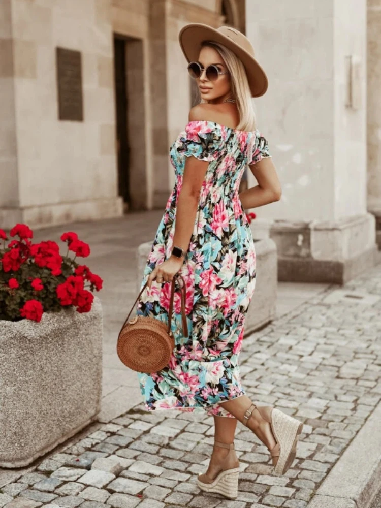 Elegant Women's Fashionable New Printed One Shoulder Short Sleeved Sexy Casual Dress 357
