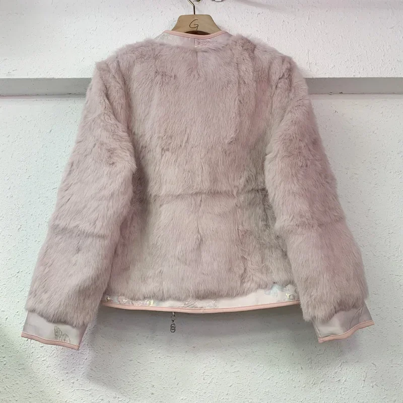 New Chinese Women National Style Pan Button Pink Short Coat Imitation Rabbit Hair Loose Long Sleeve Coat
