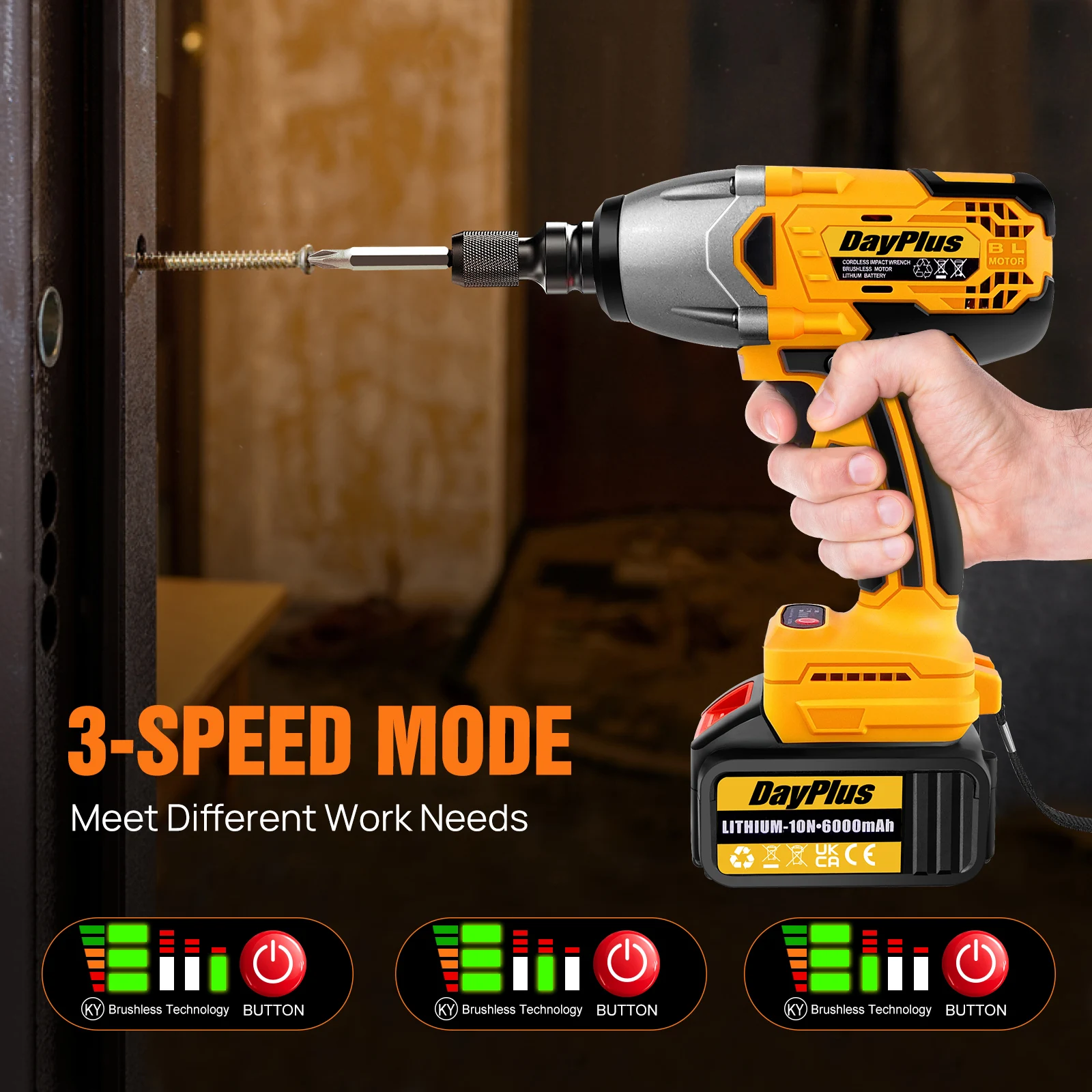 DayPlus 1500Nm Cordless Impact Wrench 3 IN 1 Electric Drill Impact Wrench,Brushless Impact Gun 1/2"Driver Car Tyre Wheel,3 Speed 4