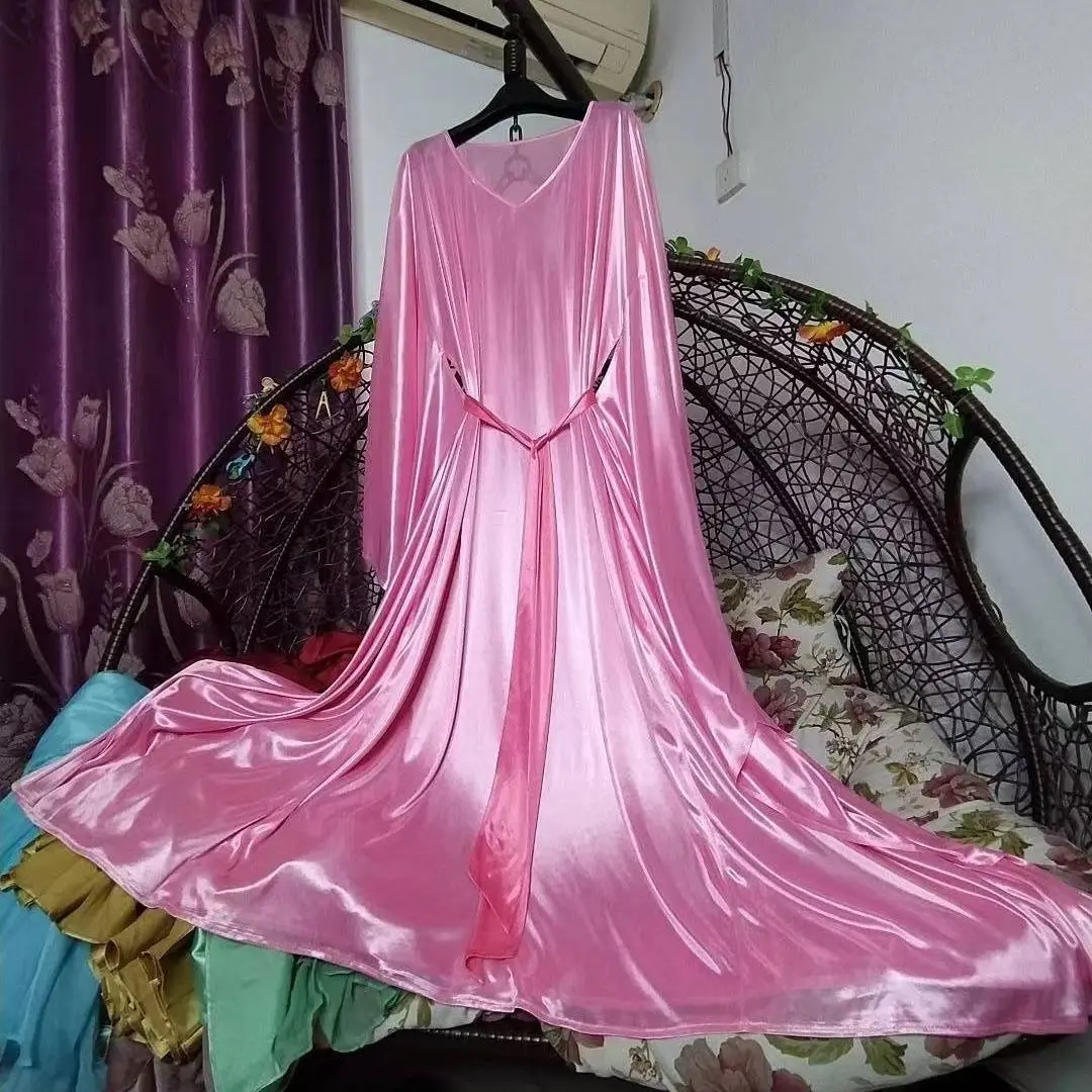 

Glossy Sexy Women Satin Batwing Sleeve Dress Loose Maxi Dress Plus Size Sleeping Robe