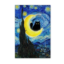 Whimsical Black Cat Starry Night Canvas Art - Abstract Aesthetic Home Decor - 50X70cm Unframed (WHITE)