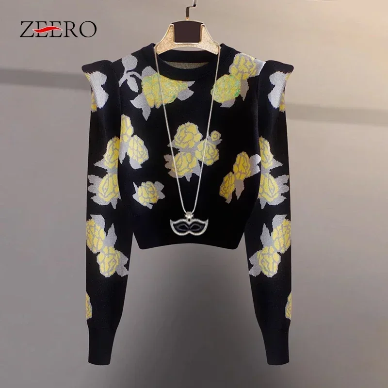 

Luxury Floral Print Embroidery Sequins Pullovers Jacquard Knitted Sweater Women Jumper Allf Winter Cashmere Knitwear Croped Tops
