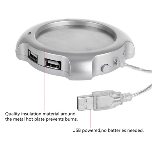 USB Drink Warmer with 4-port USB Hub: Keeps coffee warm with time display