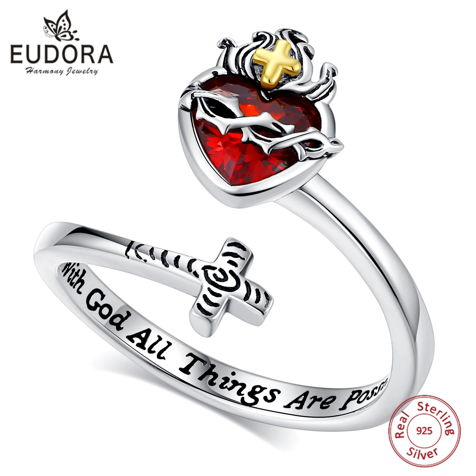Eudora 925 Sterling Silver Sacred Heart of Jesus Adjustable Ring