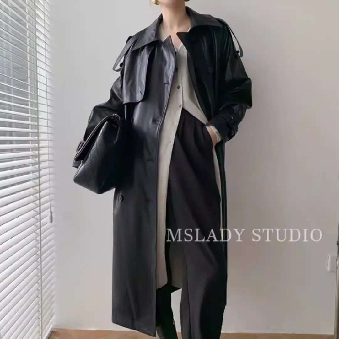 British Style Pu Leather Windbreaker 2023 Autumn and Winter New Retro Women's Slimming Waist Mid-Length Leather Trench Jacket