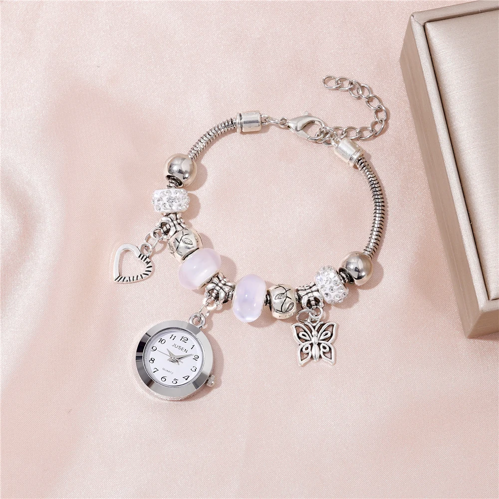 Rhinestone beaded bracelet Love butterfly Pendant Women's bracelet watch 6