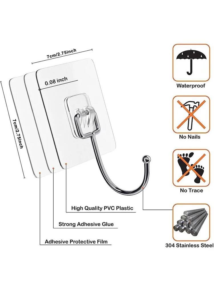 Self adhesive hooks 20 Pcs Big Size Hook PVC Stainless Steel Transparent Multi-Purpose Wall Holder Door Rack Kitchen Storage Organizer