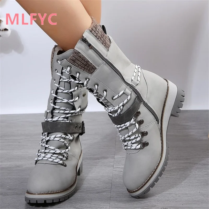 

Large mid size women's boots 2023 winter new round toe square heel lace up wool for anti slip and warmth protection
