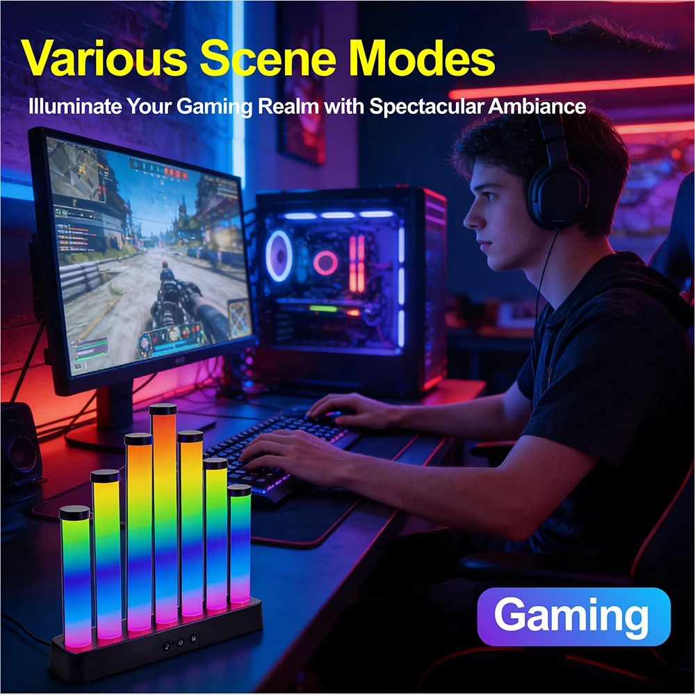 USB 5V WS2812 RGB LED Light Bars – Sound Reactive Music Sync Ambient Light Strips for Gaming Desk, Room Scene & Decorative Lighting