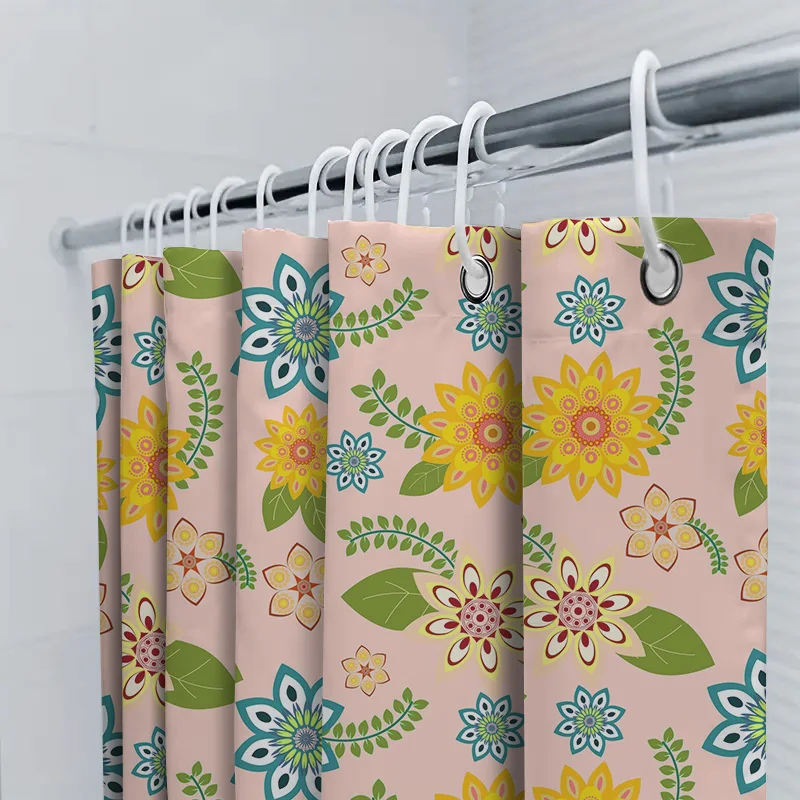 LB Tenda Doccia Floreale Astratta 150x180 Cm – Foglie Marroni E Fiori, Bianco A Righe – Poliestere Impermeabile Antimuffa – Include 10 Ganci – Per Bagno, Finestra, Camera, Cucina
