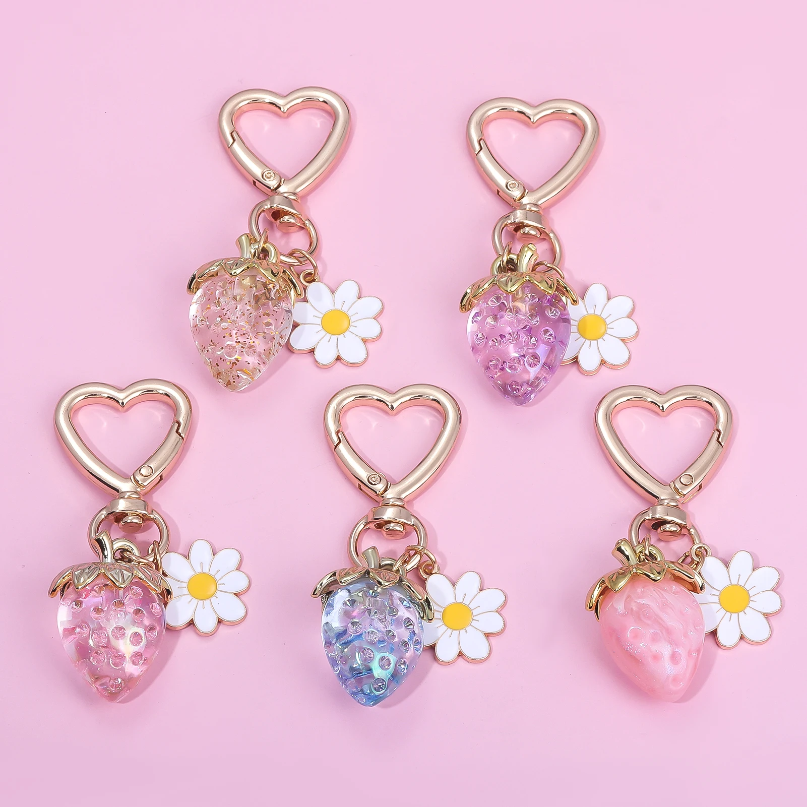 Cute Strawberry White Daisy Keychains Y2k Fruit Kawaii Heart