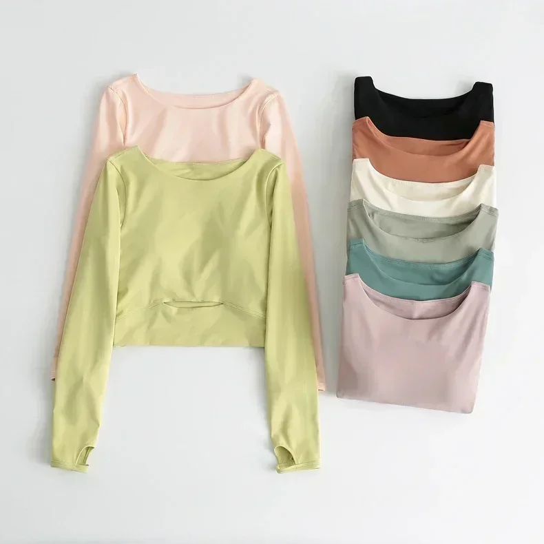 Lemon Workout Tops for Women Yoga Top With Chest Pad Exposed Navel Sports Long Sleeve Fitness T-Shirt Outdoor Cycling Tights