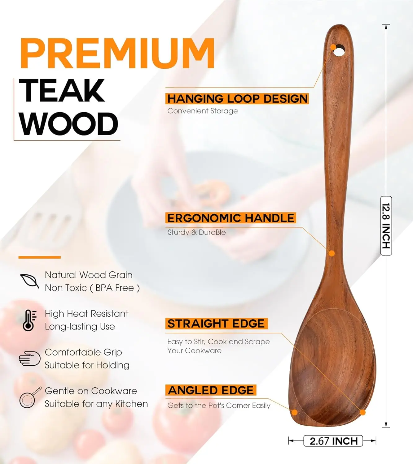 Natural Teak Wood Cooking Spoons Set, Heat Resistant Utensils with Corner Design for Nonstick Cookware Kitchen Gifts 2
